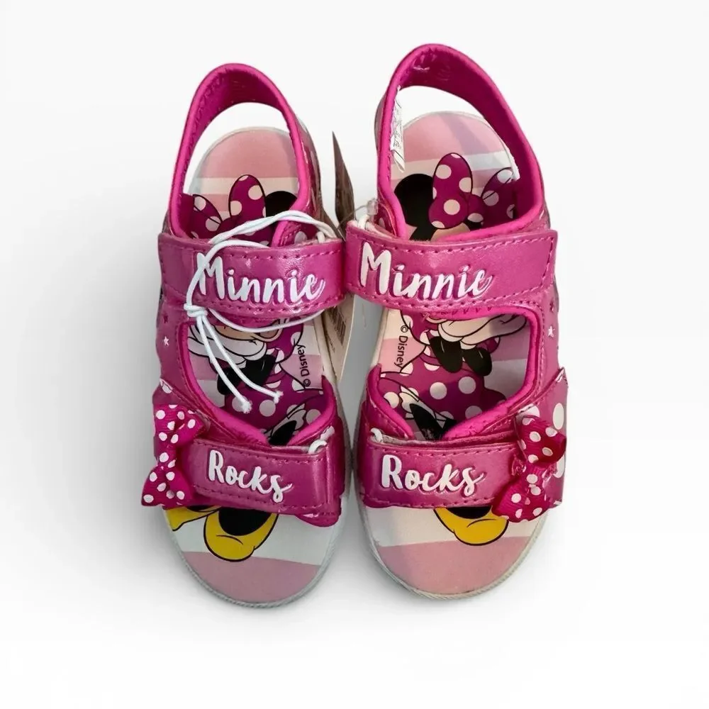 NWT New DISNEY Minnie Mouse Logo Pink White Bow Velcro Sandals Girls 12